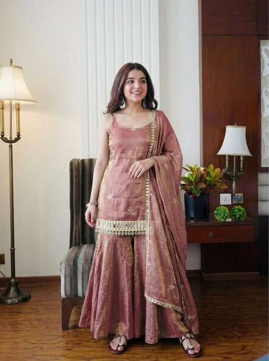 Wedding Wear Dusty Peach Color Fendy Silk Mirror Work Sharara Set