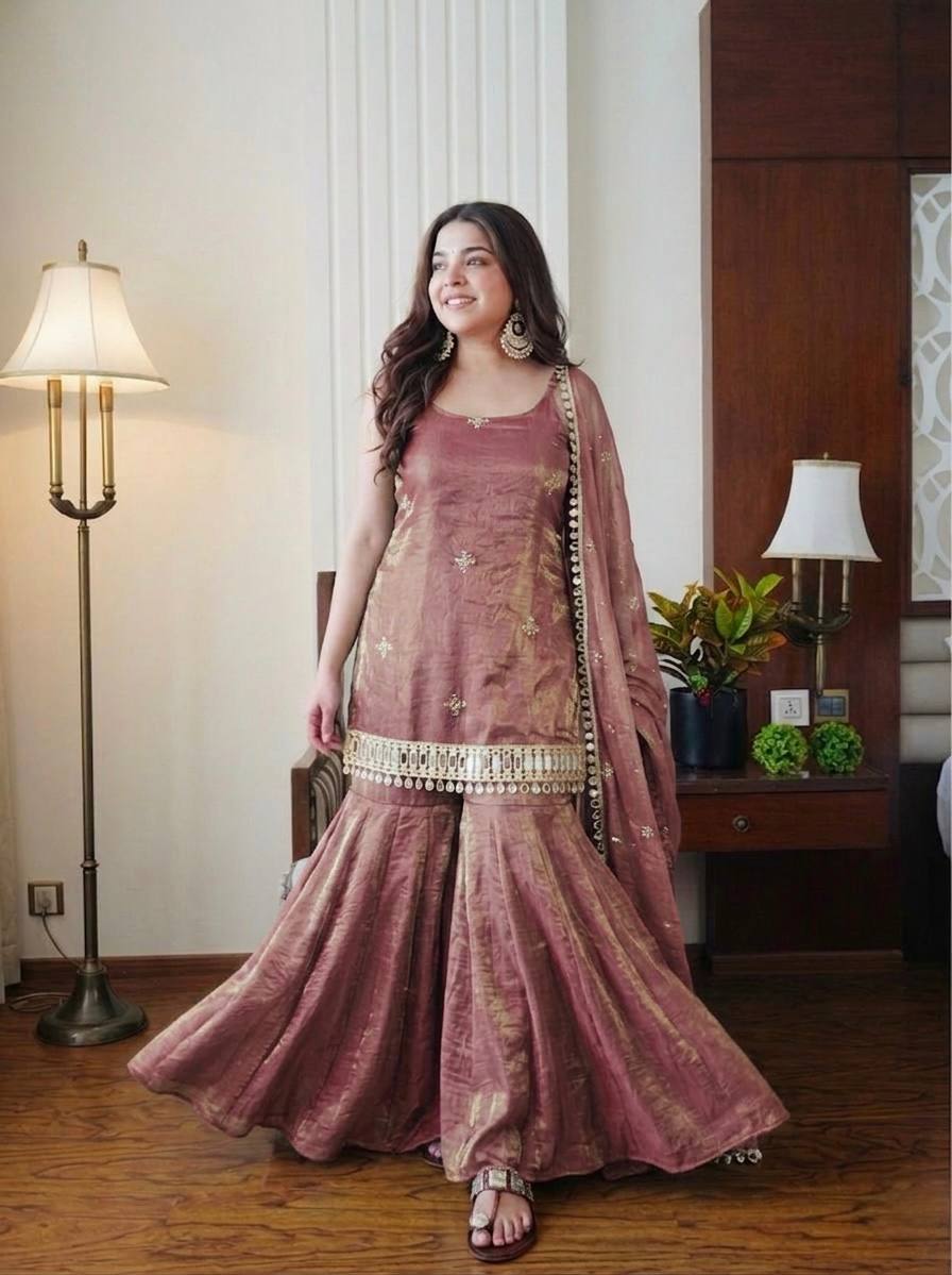 Wedding Wear Dusty Peach Color Fendy Silk Mirror Work Sharara Set