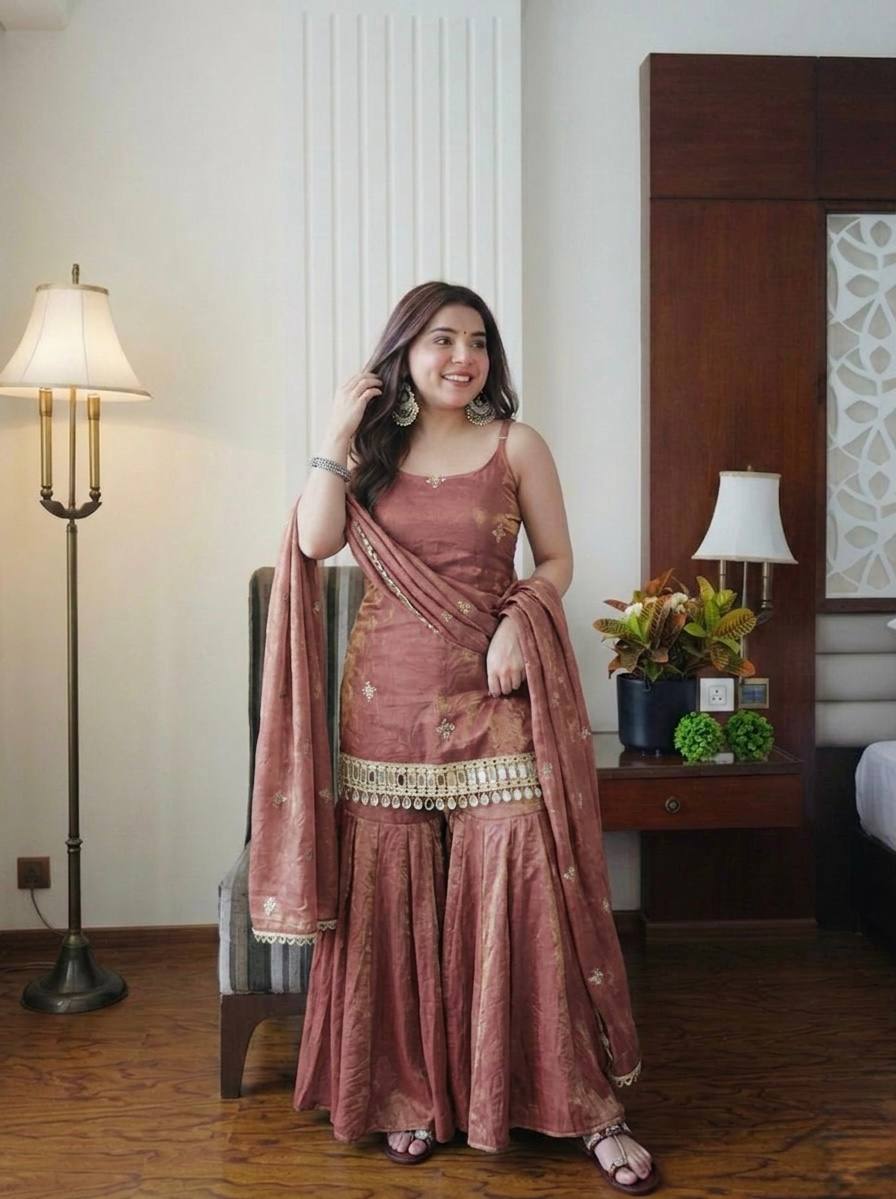 Wedding Wear Dusty Peach Color Fendy Silk Mirror Work Sharara Set