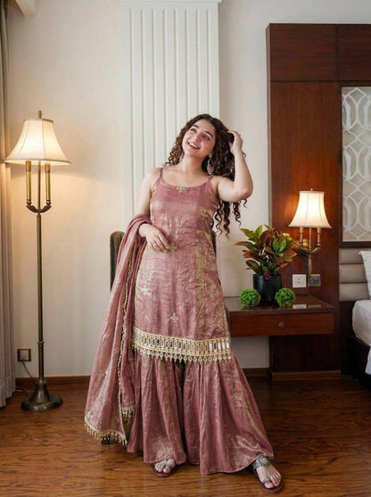 Wedding Wear Dusty Peach Color Fendy Silk Mirror Work Sharara Set