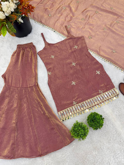 Wedding Wear Dusty Peach Color Fendy Silk Mirror Work Sharara Set