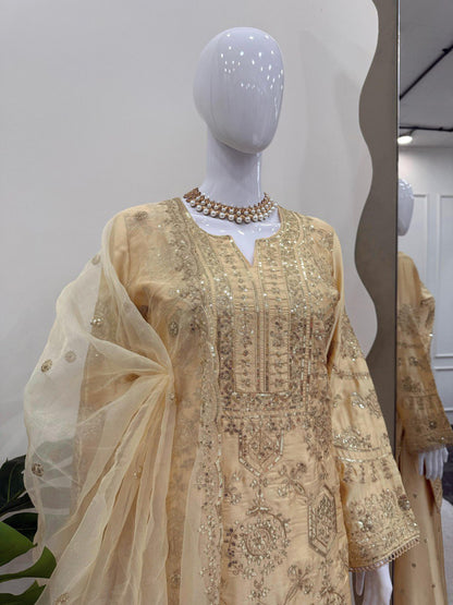 Fabulous Cream Color Chinon Silk And Thread With Sequence Work Palazzo Suit