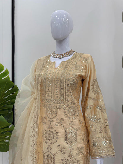 Fabulous Cream Color Chinon Silk And Thread With Sequence Work Palazzo Suit