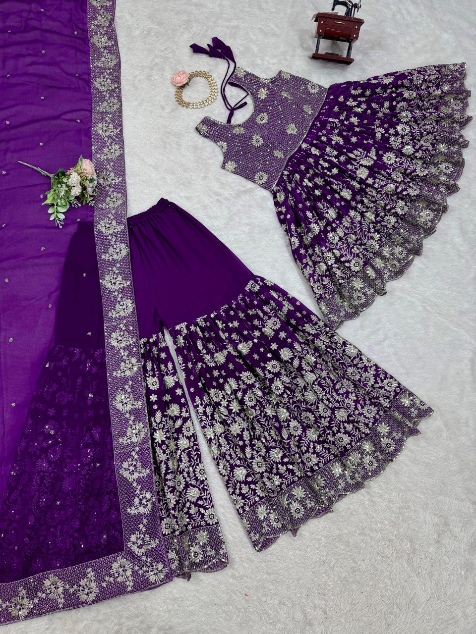Wedding Wear Purple Color Faux Georgette And Thread With Sequence Work Lehenga Choli