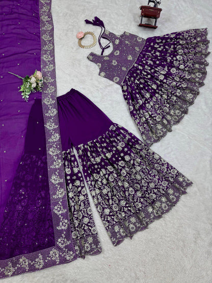 Wedding Wear Purple Color Faux Georgette And Thread With Sequence Work Lehenga Choli