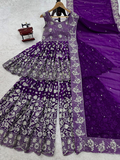 Wedding Wear Purple Color Faux Georgette And Thread With Sequence Work Lehenga Choli