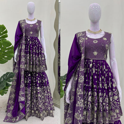Wedding Wear Purple Color Faux Georgette And Thread With Sequence Work Lehenga Choli