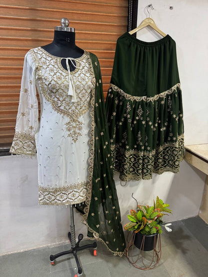 Traditional Wear Green Color Heavy Faux Georgette With Embroidery Sequence Work Sharara Suit