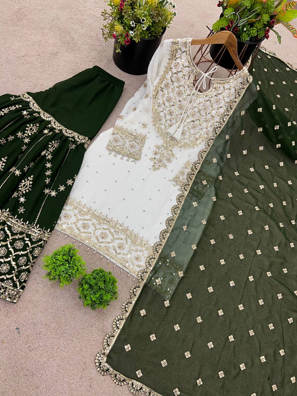 Traditional Wear Green Color Heavy Faux Georgette With Embroidery Sequence Work Sharara Suit