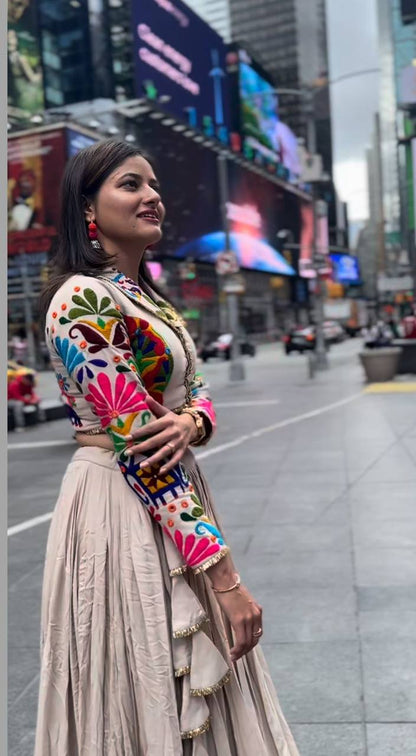 Traditional Wear Off White Color Pure Cotton And Kachchhi Embroidery Work Navratri Lehenga Choli