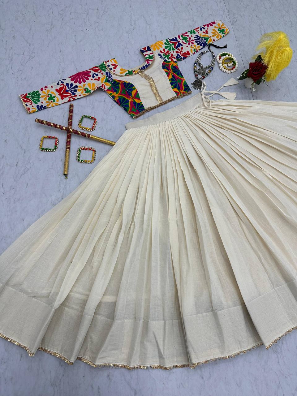 Traditional Wear Off White Color Pure Cotton And Kachchhi Embroidery Work Navratri Lehenga Choli
