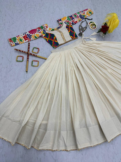 Traditional Wear Off White Color Pure Cotton And Kachchhi Embroidery Work Navratri Lehenga Choli