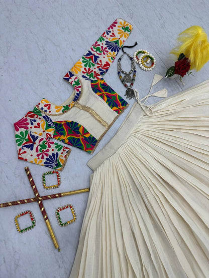 Traditional Wear Off White Color Pure Cotton And Kachchhi Embroidery Work Navratri Lehenga Choli