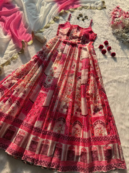 Party Wear Multi Color Pure Organza Silk Anarkali Gown