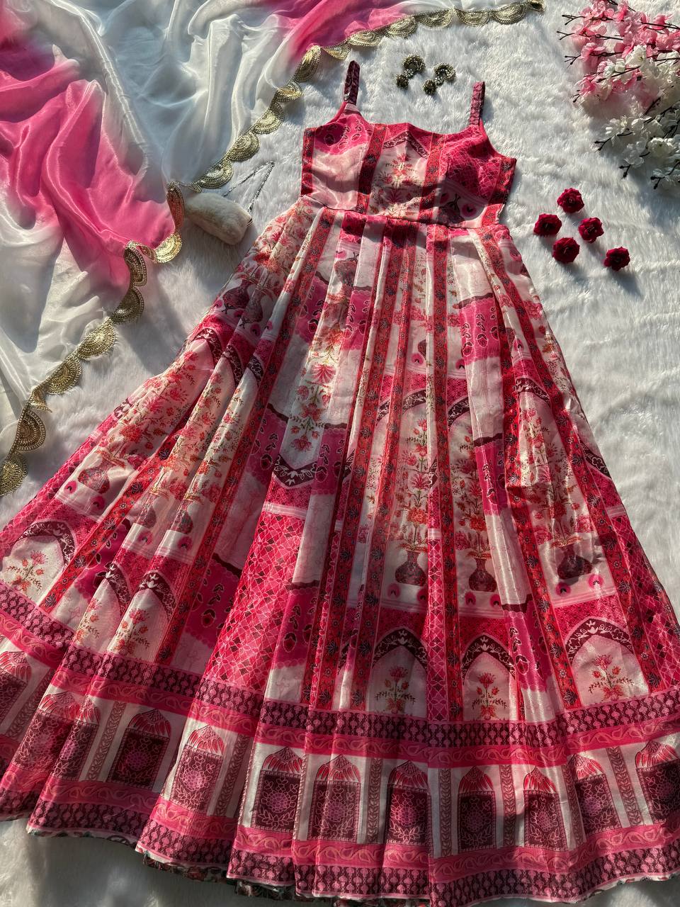 Party Wear Multi Color Pure Organza Silk Anarkali Gown