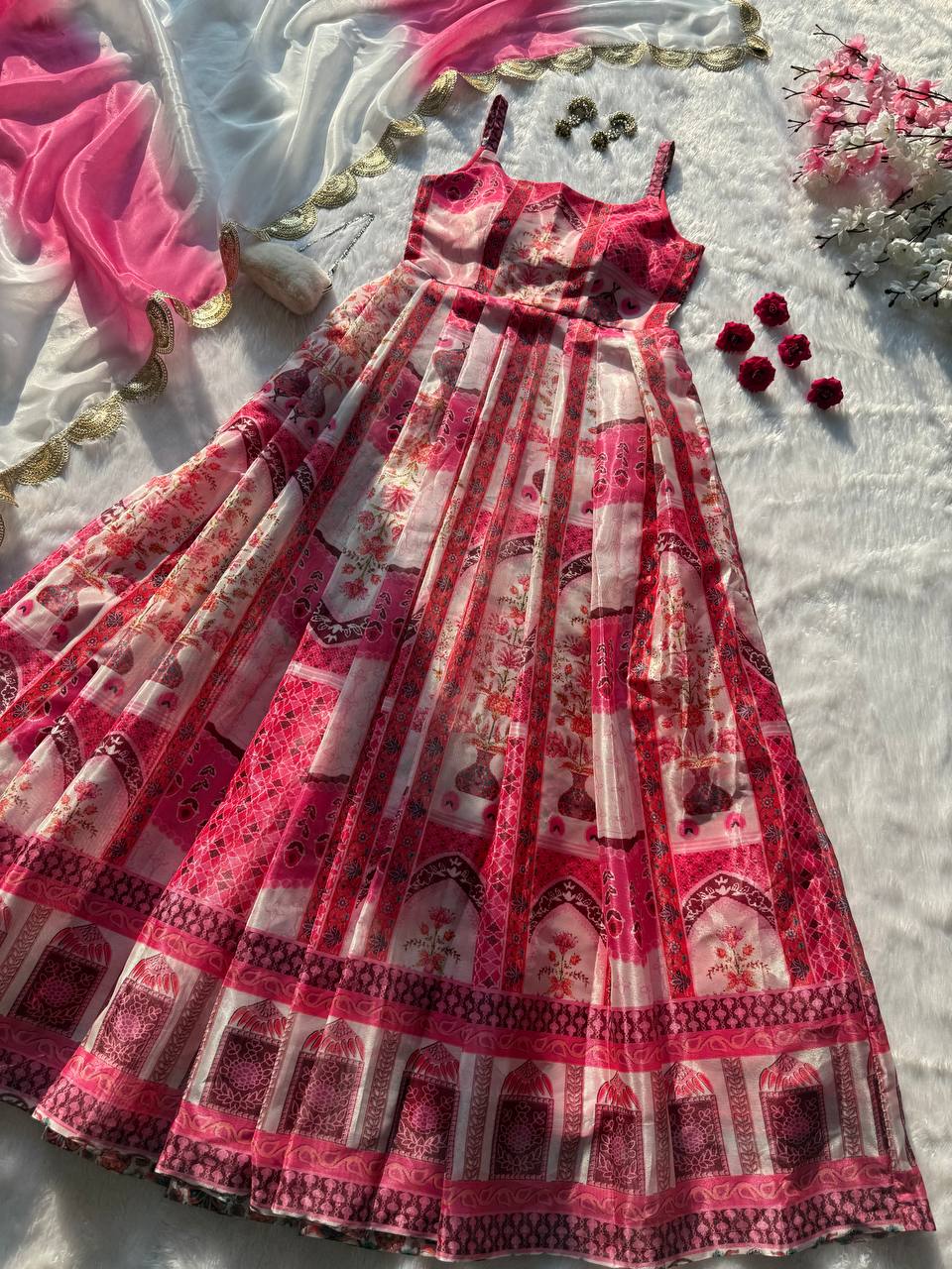 Party Wear Multi Color Pure Organza Silk Anarkali Gown