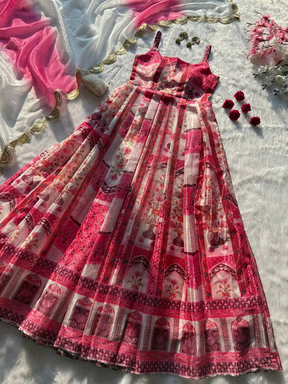 Party Wear Multi Color Pure Organza Silk Anarkali Gown