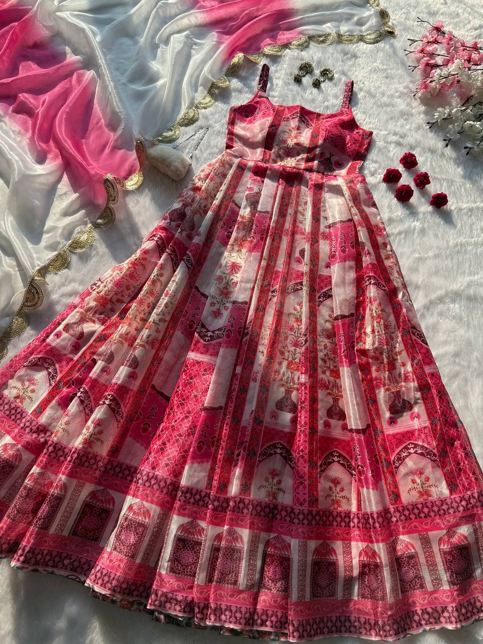 Party Wear Multi Color Pure Organza Silk Anarkali Gown