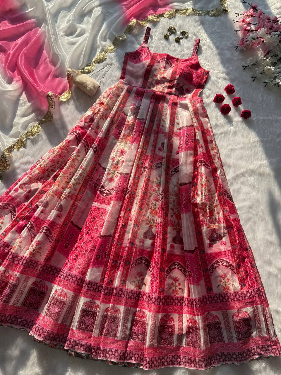Party Wear Multi Color Pure Organza Silk Anarkali Gown