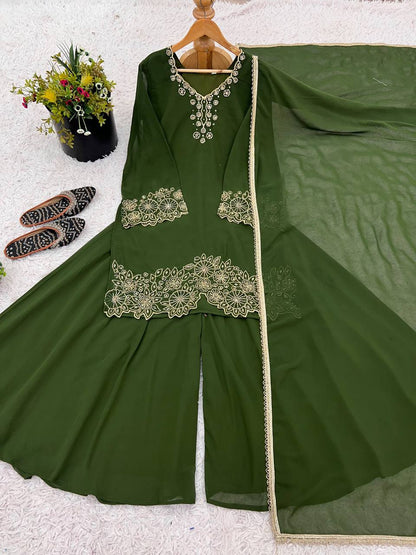 Stunning Green Color Heavy Faux Georgette With Embroidery Beads Work Palazzo Suit