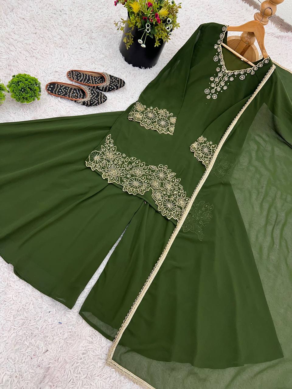 Stunning Green Color Heavy Faux Georgette With Embroidery Beads Work Palazzo Suit
