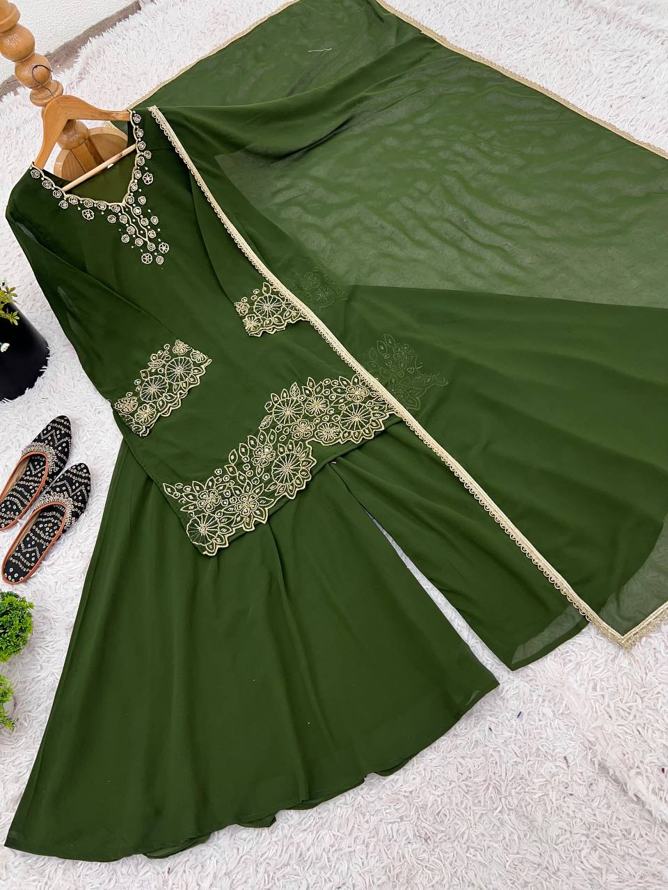 Stunning Green Color Heavy Faux Georgette With Embroidery Beads Work Palazzo Suit