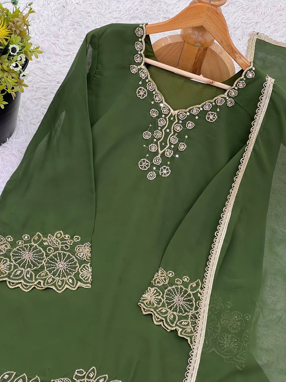 Stunning Green Color Heavy Faux Georgette With Embroidery Beads Work Palazzo Suit