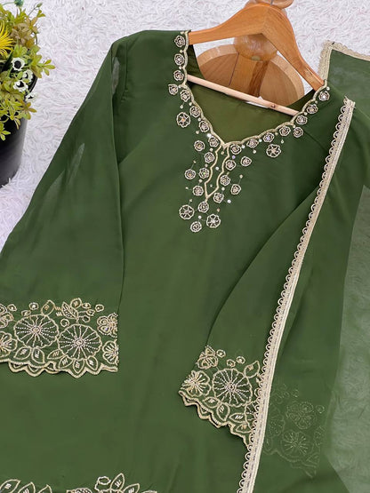 Stunning Green Color Heavy Faux Georgette With Embroidery Beads Work Palazzo Suit