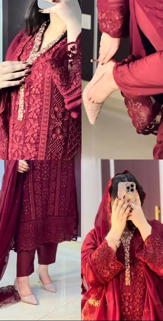 Exclusive Maroon Color Pure Faux Georgette With Embroidery Sequence Work Designer Salwar Suit