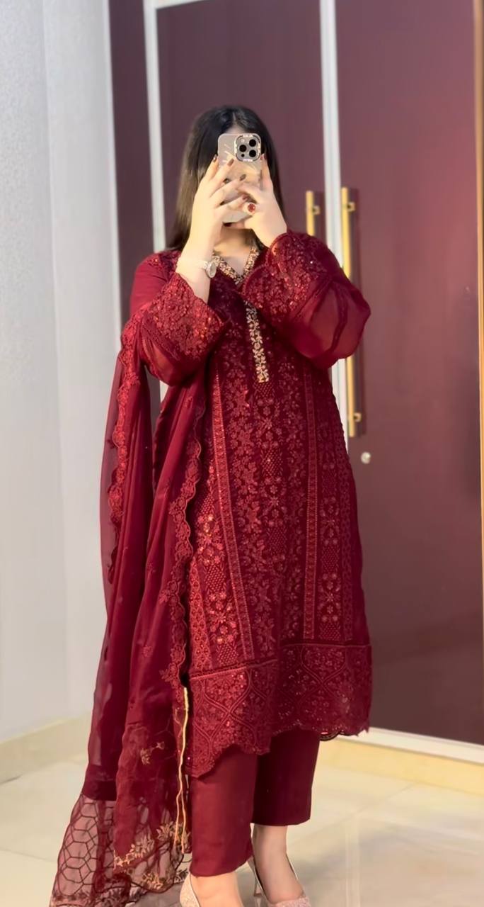 Exclusive Maroon Color Pure Faux Georgette With Embroidery Sequence Work Designer Salwar Suit