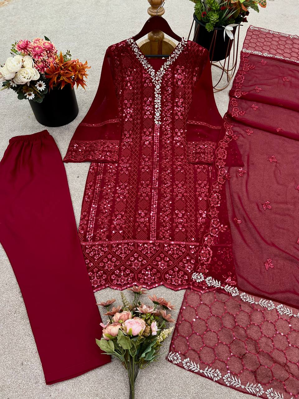 Exclusive Maroon Color Pure Faux Georgette With Embroidery Sequence Work Designer Salwar Suit