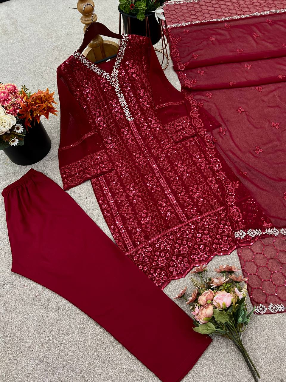 Exclusive Maroon Color Pure Faux Georgette With Embroidery Sequence Work Designer Salwar Suit