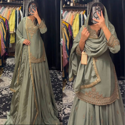 Occasion Wear Mehndi Color Chinnon Silk Multi Needle Embroidery Work Lehenga With Top