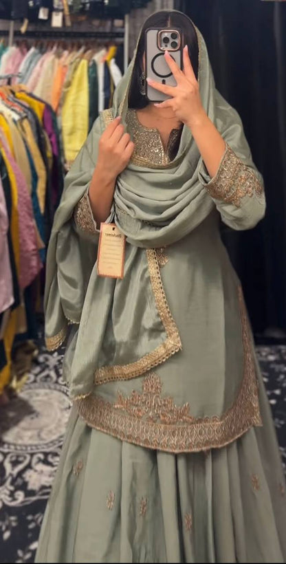 Occasion Wear Mehndi Color Chinnon Silk Multi Needle Embroidery Work Lehenga With Top