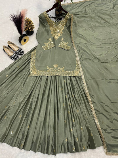 Occasion Wear Mehndi Color Chinnon Silk Multi Needle Embroidery Work Lehenga With Top