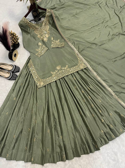 Occasion Wear Mehndi Color Chinnon Silk Multi Needle Embroidery Work Lehenga With Top