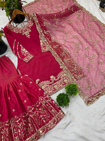 Wedding Wear Red Color Pure Heavy Simmer Silk With Embroidery Sequence Work Sharara Suit