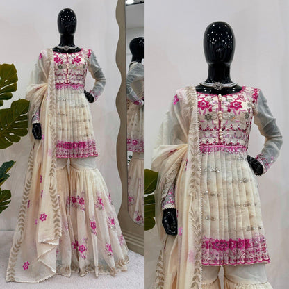 Wedding Wear Cream Color Chanderi Cotton With Sequence Work Sharara Suit