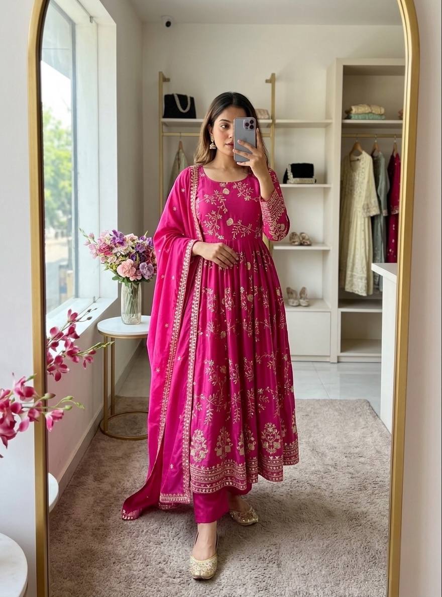 Reception Wear Pink Color Sequence Embroidered Anarkali Suit With Dupatta