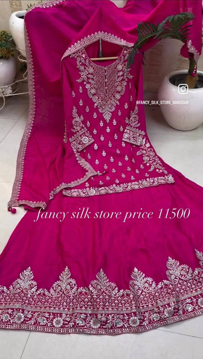 Festive Wear Pink Color Pure Chinon Silk With Heavy Embroidery Work Lehenga With Top