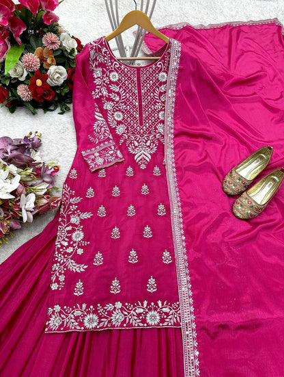 Festive Wear Pink Color Pure Chinon Silk With Heavy Embroidery Work Lehenga With Top