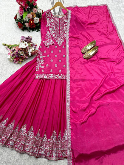 Festive Wear Pink Color Pure Chinon Silk With Heavy Embroidery Work Lehenga With Top