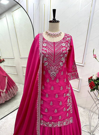 Festive Wear Pink Color Pure Chinon Silk With Heavy Embroidery Work Lehenga With Top