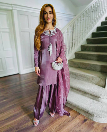 Traditional Wear Light Purple Color Pure Natural Crepe With Heavy Embroidery Sequence Work Salwar Suit