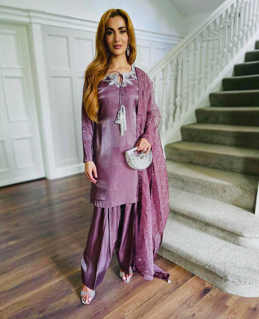 Traditional Wear Light Purple Color Pure Natural Crepe With Heavy Embroidery Sequence Work Salwar Suit