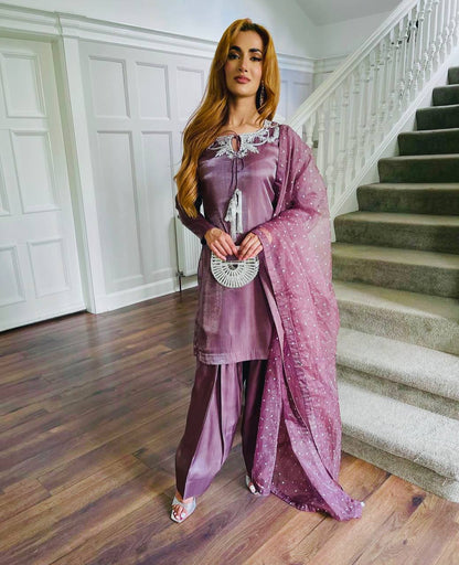 Traditional Wear Light Purple Color Pure Natural Crepe With Heavy Embroidery Sequence Work Salwar Suit