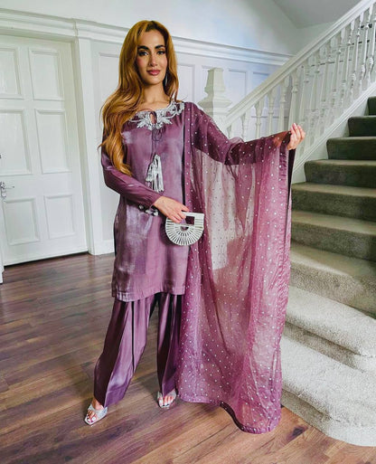 Traditional Wear Light Purple Color Pure Natural Crepe With Heavy Embroidery Sequence Work Salwar Suit