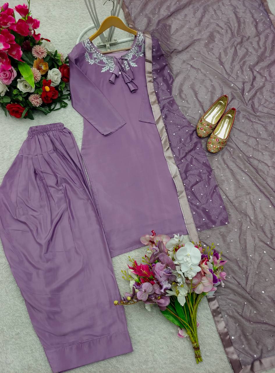 Traditional Wear Light Purple Color Pure Natural Crepe With Heavy Embroidery Sequence Work Salwar Suit