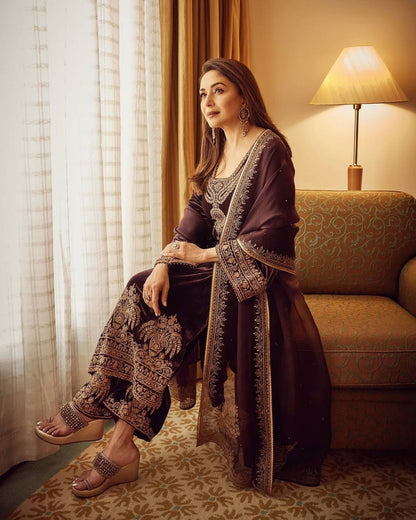 Wedding Wear Coffee Color Heavy Chinon Silk With Heavy Embroidery Sequence Work Salwar Suit