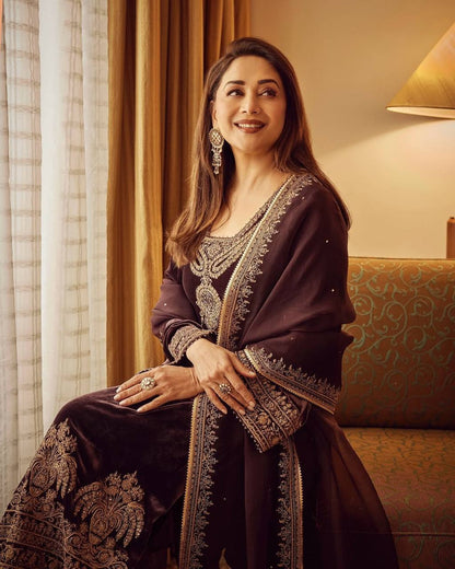 Wedding Wear Coffee Color Heavy Chinon Silk With Heavy Embroidery Sequence Work Salwar Suit